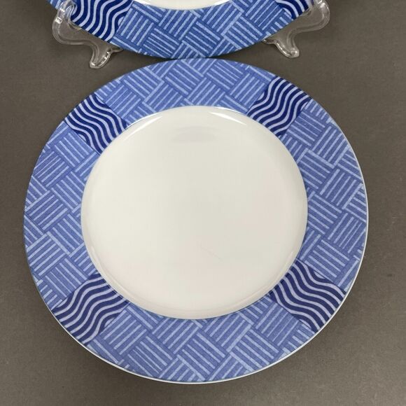 Crate & Barrel Rafia Blue White Waves Wavy Salad Plates Lead Cadmium Lot of 2 - Picture 3 of 9